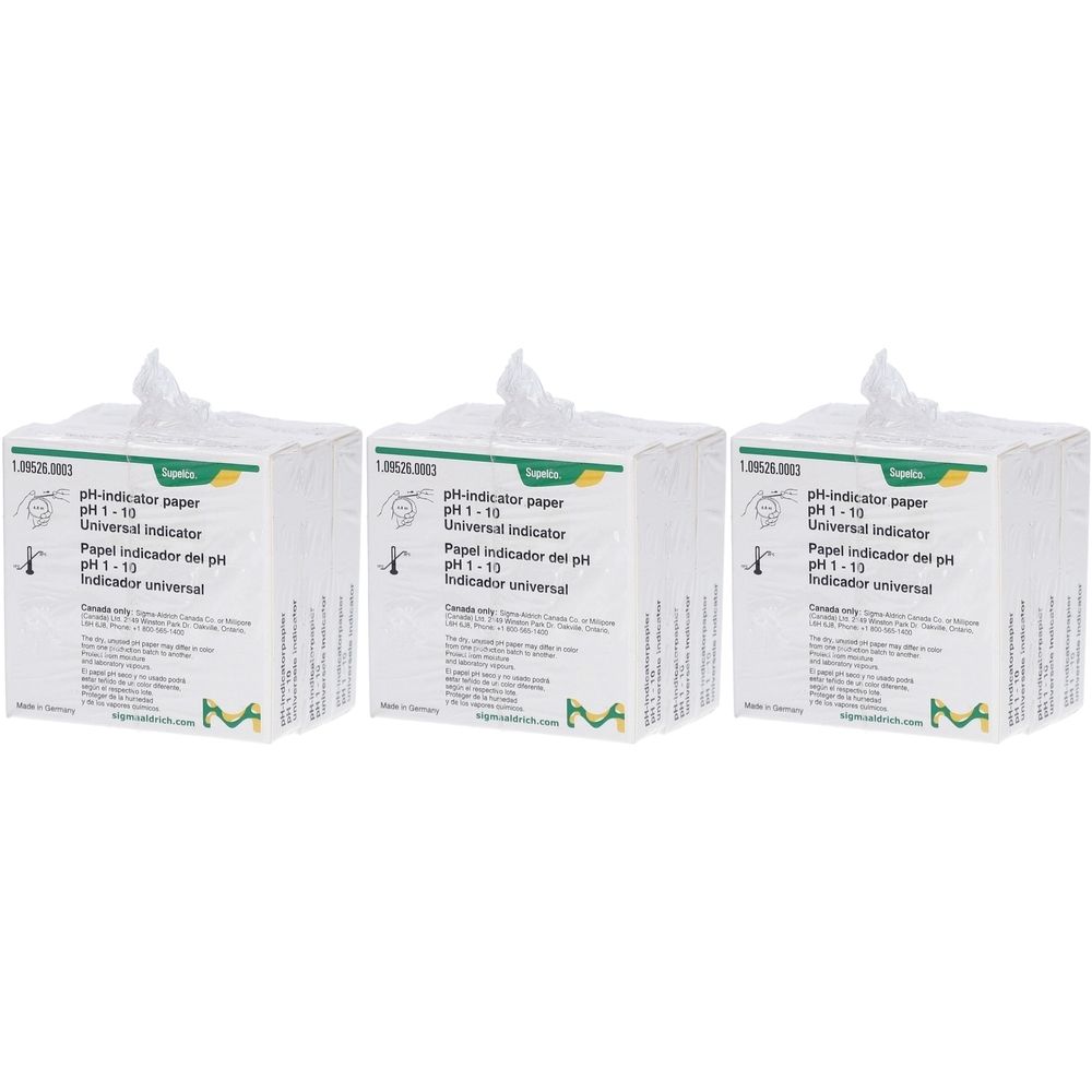 Trois boîtes carrées de papier indicateur de pH pH 1-10. Chaque boîte contient du texte en allemand, espagnol et anglais. Papier blanc au-dessus.