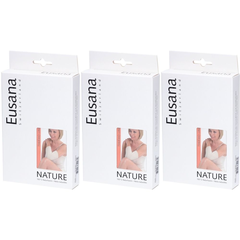Drei weiße Produktverpackungen mit dem Logo "Eusana Switzerland". Aufdruck "NATURE" und Abbildung einer Frau.