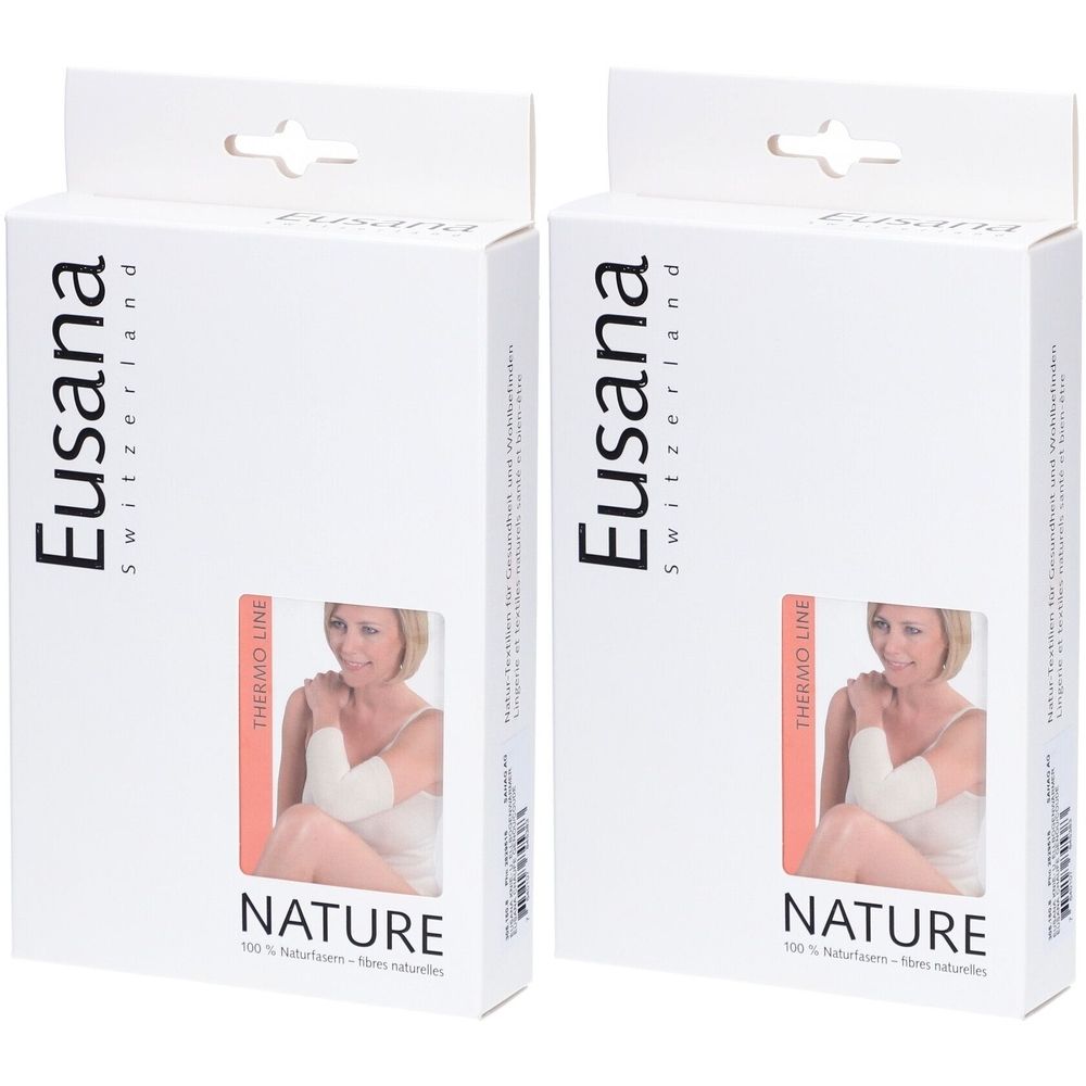Zwei weiße Produktverpackungen. Aufdruck: Eusana, Switzerland. Sichtfenster mit Abbildung einer Frau mit Ellenbogenwärmer. Aufschrift: NATURE.
