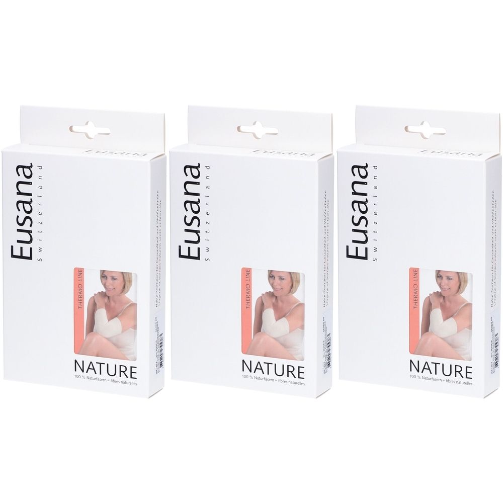 Drei weiße Produktverpackungen. Aufdruck: Eusana, Switzerland, Bild einer Frau mit Armbandage, Schriftzug: NATURE.