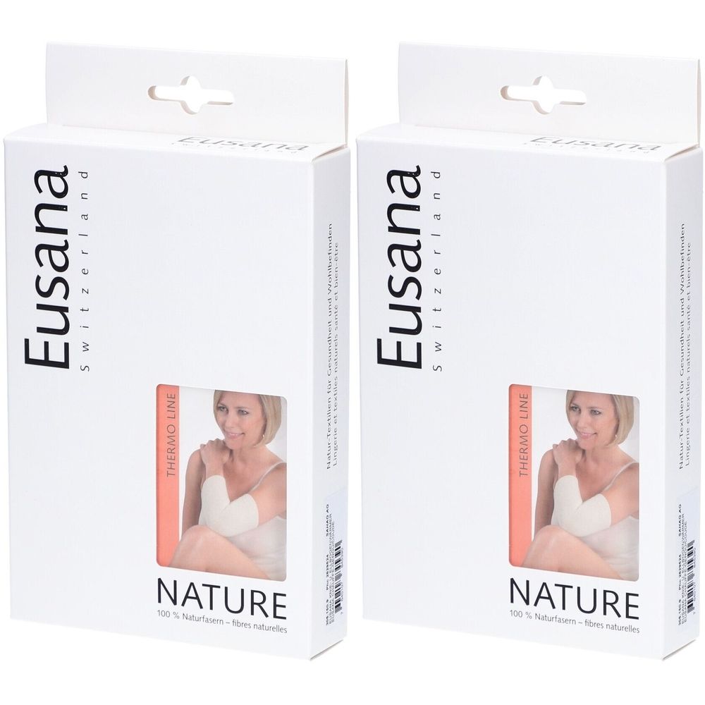Zwei weiße Kartons mit Produktabbildung. Aufdruck: Eusana, Switzerland, Nature, Thermo Line. Produkt: Kniewärmer.