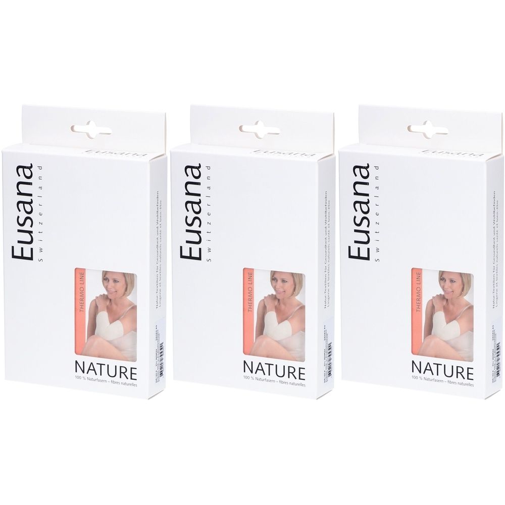 Drei weiße Produktverpackungen. Aufdruck: Eusana, Switzerland, NATURE. Abbildung einer Frau mit Schulterwärmer.