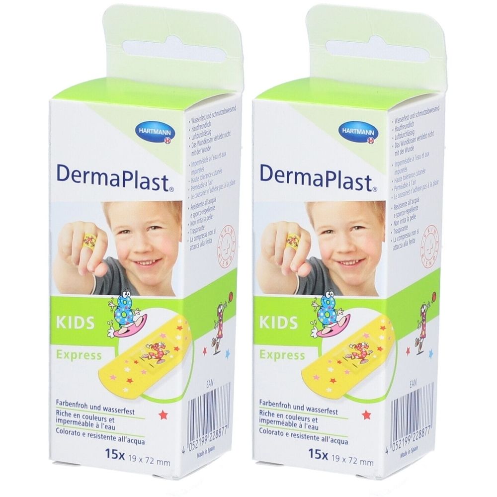 Zwei Packungen DermaPlast Kids Express Pflaster. Jede Packung zeigt ein Kind und ein gelbes Pflaster. Aufschrift: 15x 19 x 72 mm.