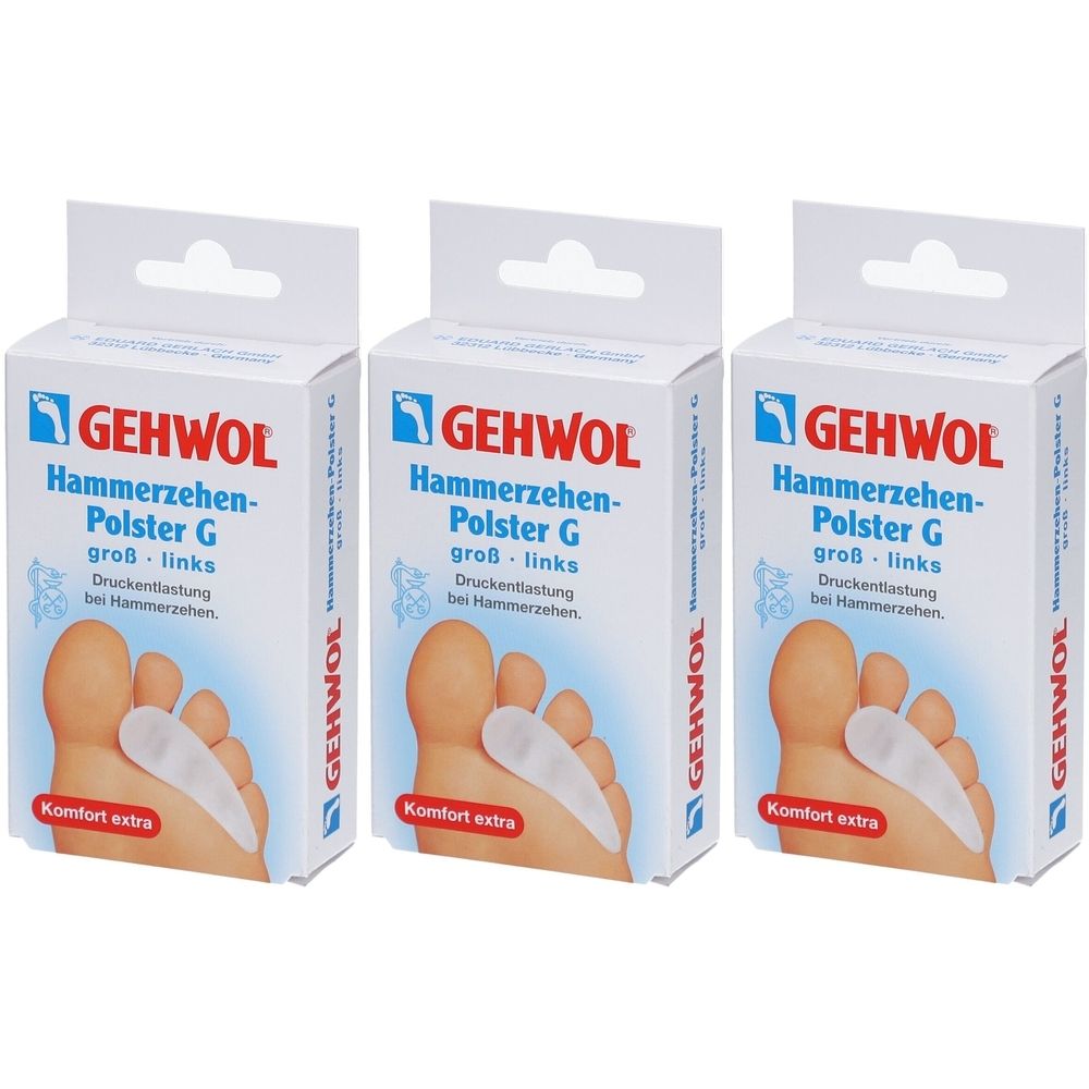 Drei Packungen GEHWOL Hammerzehenpolster G. Weiße Kartons mit Produktabbildung und Schriftzug. Komfort extra.