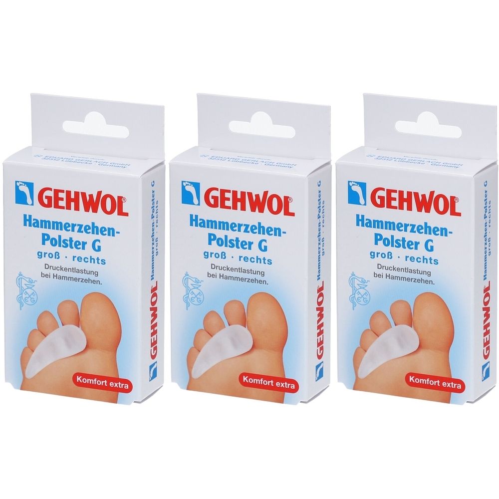 Drei Schachteln GEHWOL Hammerzehen-Polster G. Weiße Verpackung mit Produktabbildung und Schriftzug. Komfort extra.
