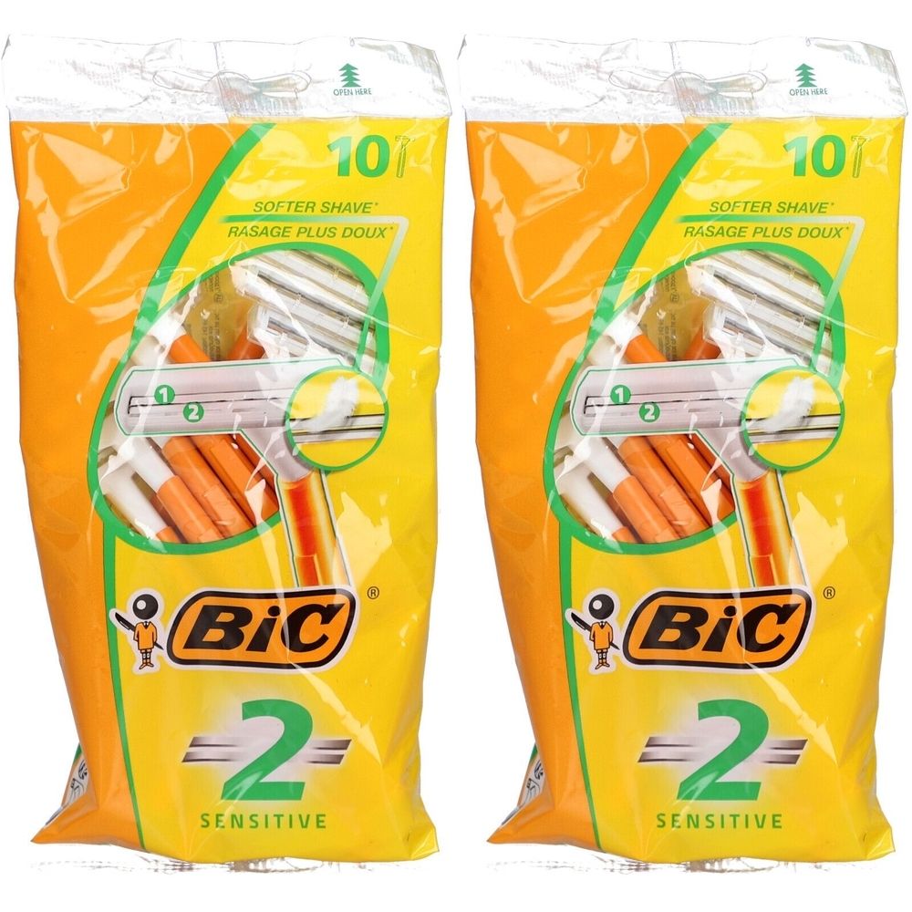 Deux paquets de rasoirs. Emballage jaune-orange avec image de rasoir. Marque : BiC. Inscription : 2 Sensitive. 10 rasoirs par paquet.