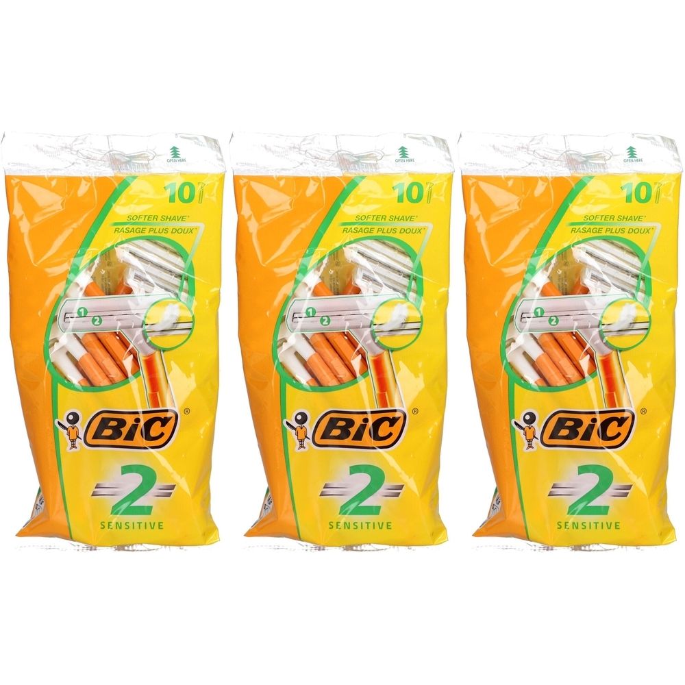 Trois paquets de rasoirs. Emballage jaune avec logo BIC et nom du produit. 10 pièces par paquet.