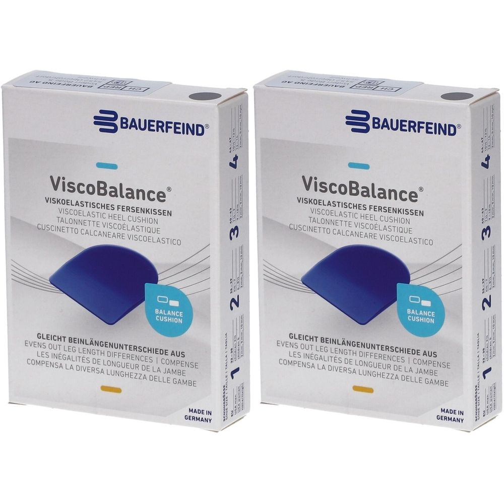 Zwei Produktverpackungen. Aufschrift: ViscoBalance, viskoelastisches Fersenkissen. Marke: Bauerfeind. Blaue Einlage abgebildet. Hergestellt in Deutschland.