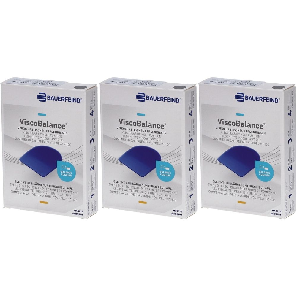 Drei Produktverpackungen von Bauerfeind ViscoBalance. Jede Packung zeigt eine blaue, quadratische Einlage. Text: ViscoBalance, Made in Germany.