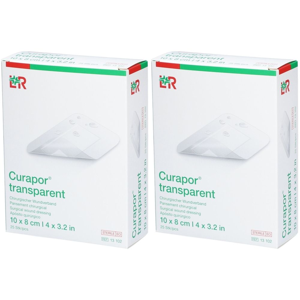 Deux boîtes de pansements transparents. Inscription : Curapor transparent, 10 x 8 cm.