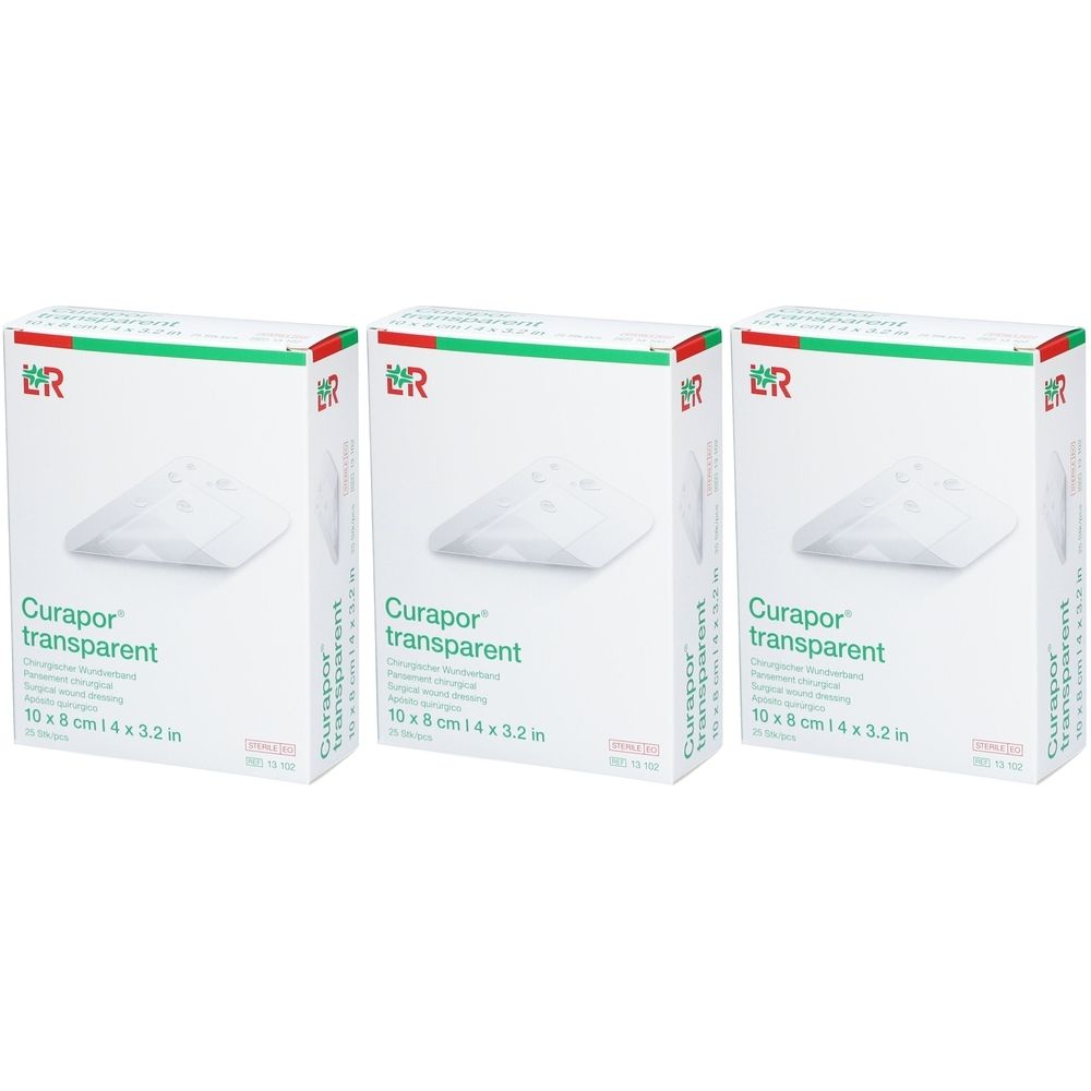 Trois boîtes de Curapor transparent. Impression : 10 x 8 cm / 4 x 3,2 pouces. Emballage avec bande verte et rouge.