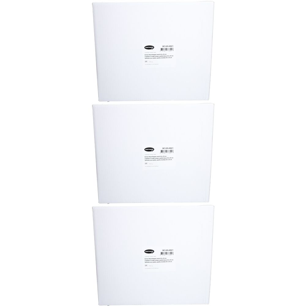 Trois emballages blancs avec logo et texte noirs. Chaque emballage porte une étiquette avec des informations sur le produit.