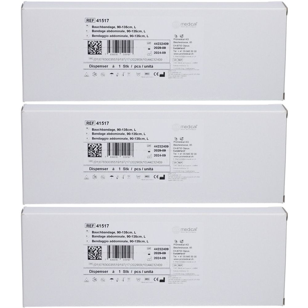 Drei weiße Kartons. Aufdruck: Bauchbinde 90-135cm, L. Barcode und weitere Informationen. Herstellerlogo.