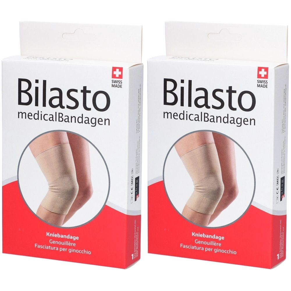 Zwei Kartons mit Kniebandagen. Aufschrift: Bilasto medicalBandagen. Schweizer Kreuz. Beige Kniebandage abgebildet. Text: Kniebandage, Genouillère, Fasciatura per ginocchio.