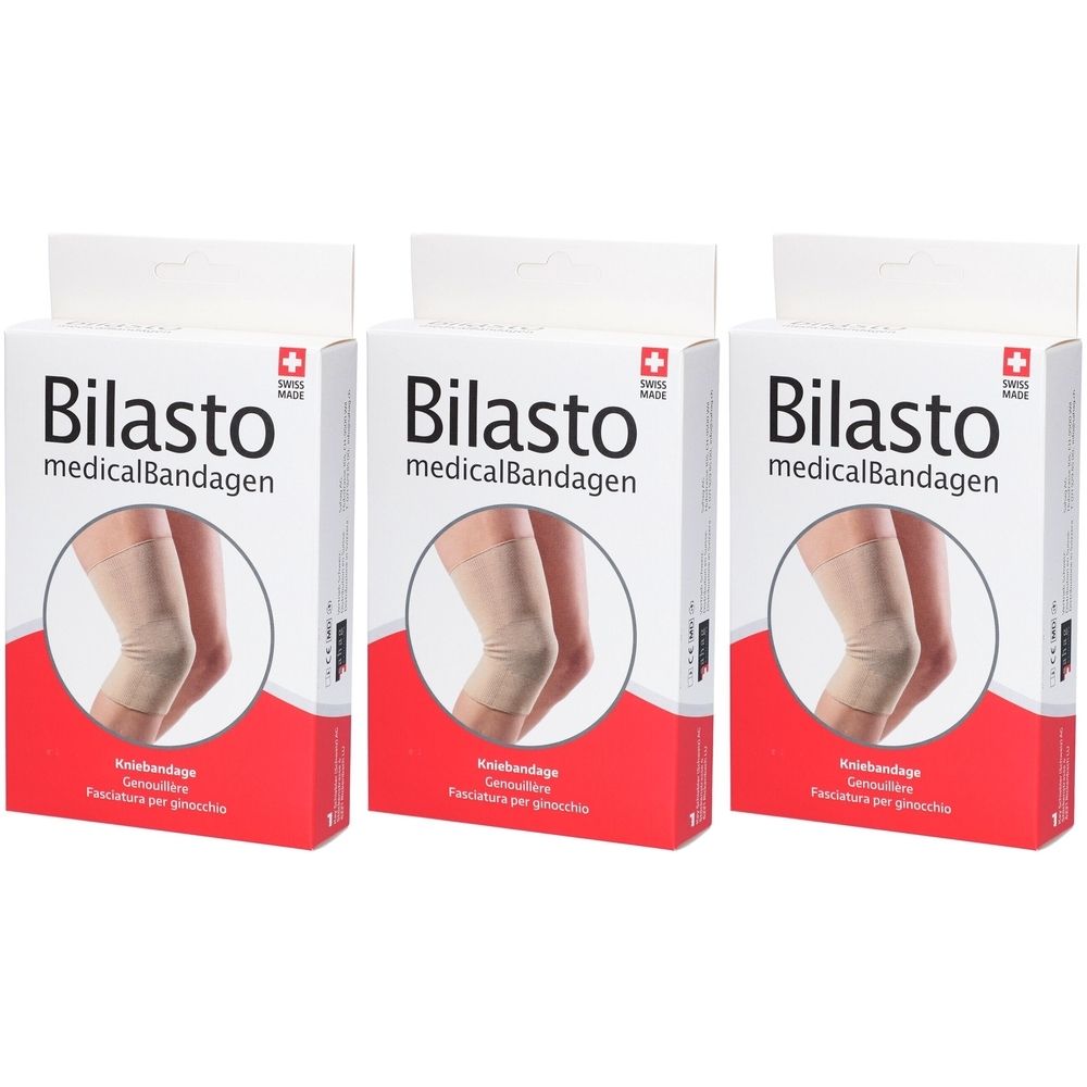 Drei Packungen BILASTO medicalBandagen. Auf jeder Packung ist ein Kniebandagen-Modell in Beige abgebildet. Schweizer Kreuz.