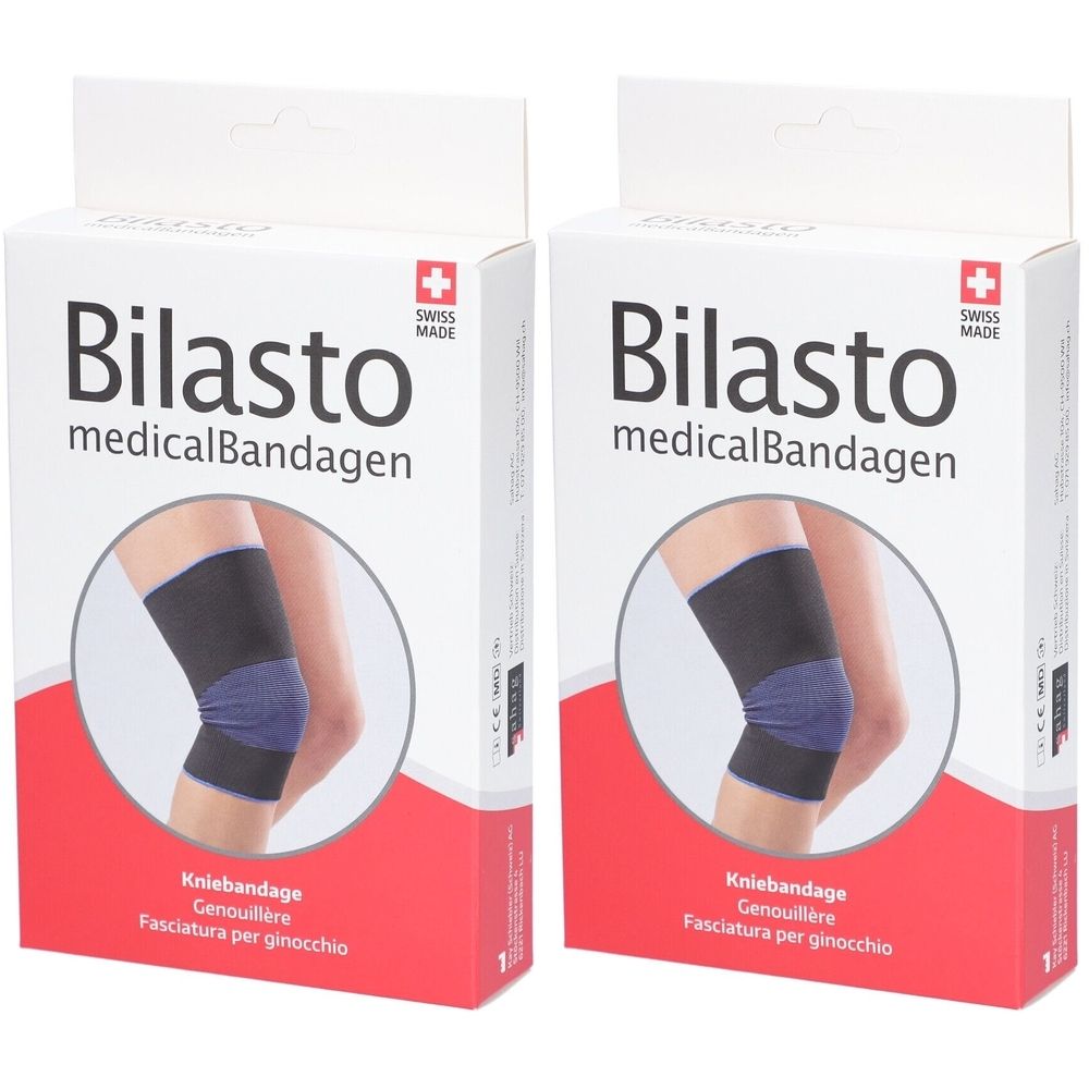 Zwei Packungen BILASTO medicalBandagen. Auf jeder Packung ist ein Kniebandagen-Beispiel abgebildet. Schweizer Kreuz und Text: Swiss Made.