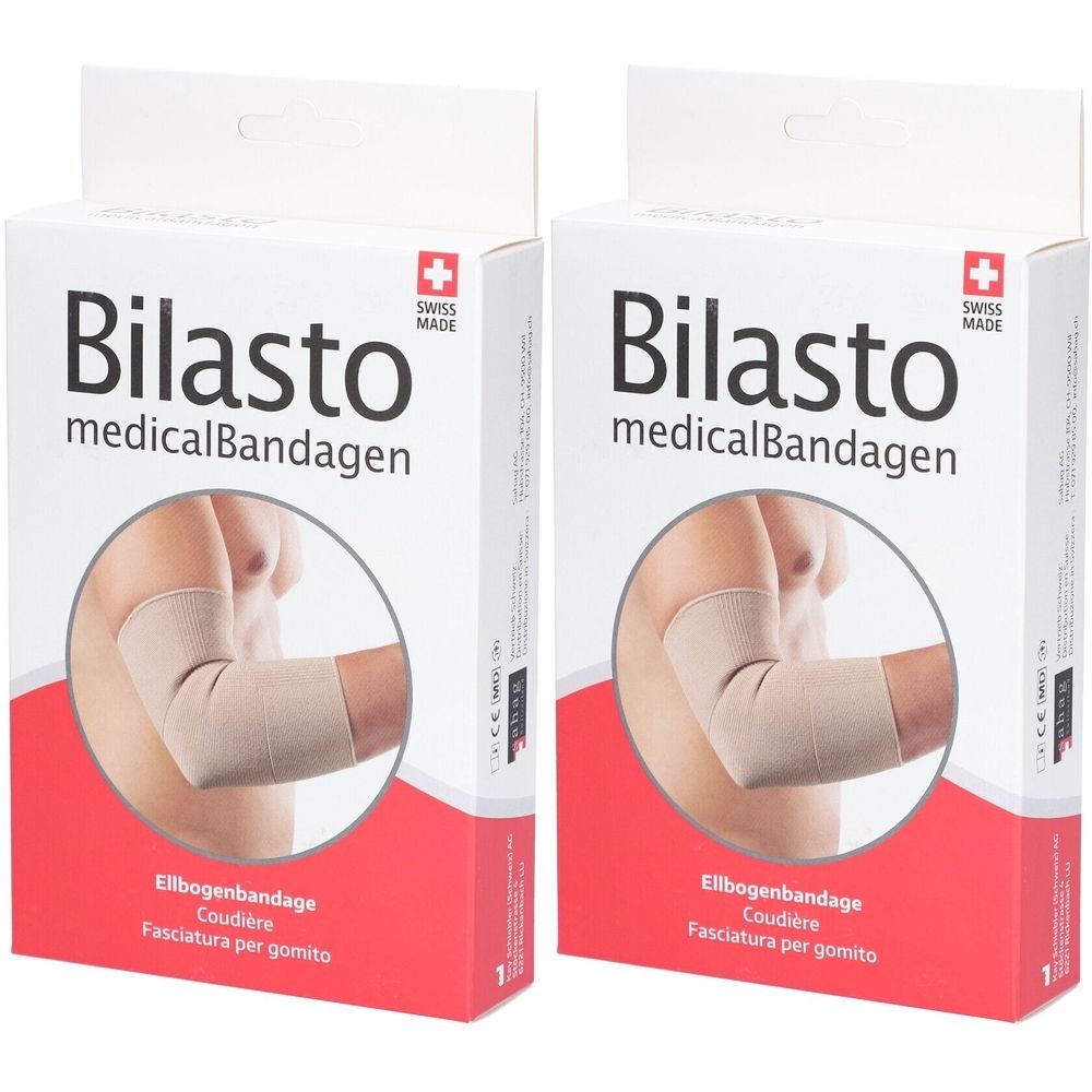 Zwei Packungen BILASTO Ellbogenschützer. Beige Bandage am Arm abgebildet. Aufschrift: medicalBandagen, Swiss Made. Untertitel: Ellbogenbandage, Coudière, Fasciatura per gomito.