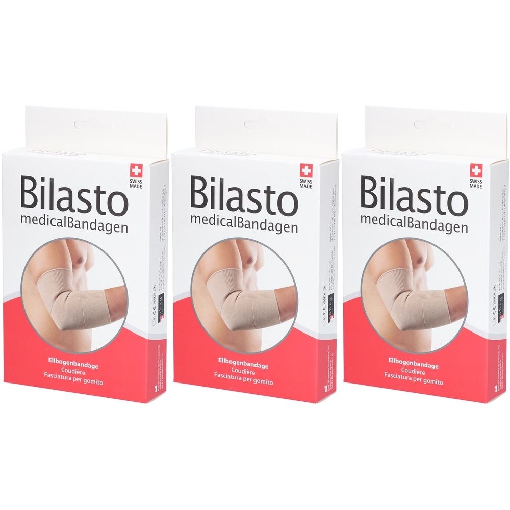 Drei Produktverpackungen von Bilasto medicalBandagen. Auf jeder Verpackung ist ein Ellbogenschützer abgebildet. Schweizer Kreuz.