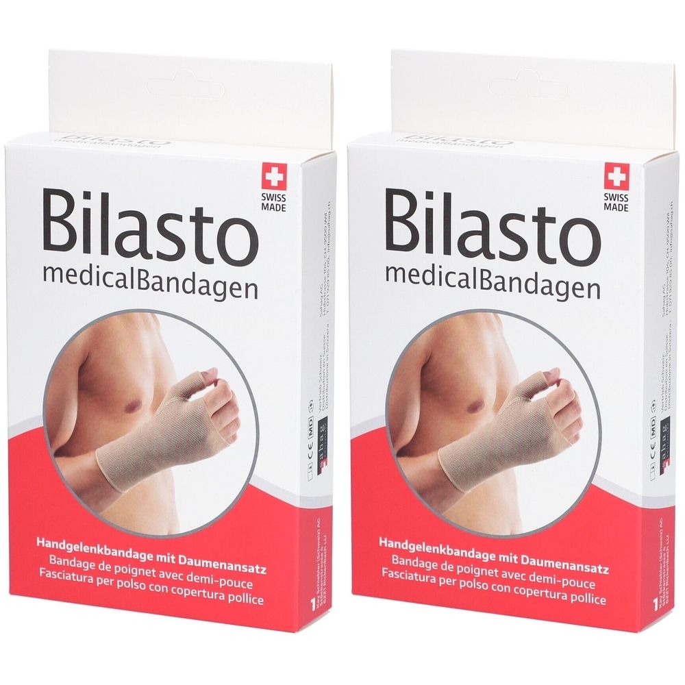 Zwei Produktverpackungen. Aufschrift: Bilasto medicalBandagen. Handgelenkbandage mit Daumenansatz. Swiss Made Logo. Beige Bandage am Handgelenk abgebildet.