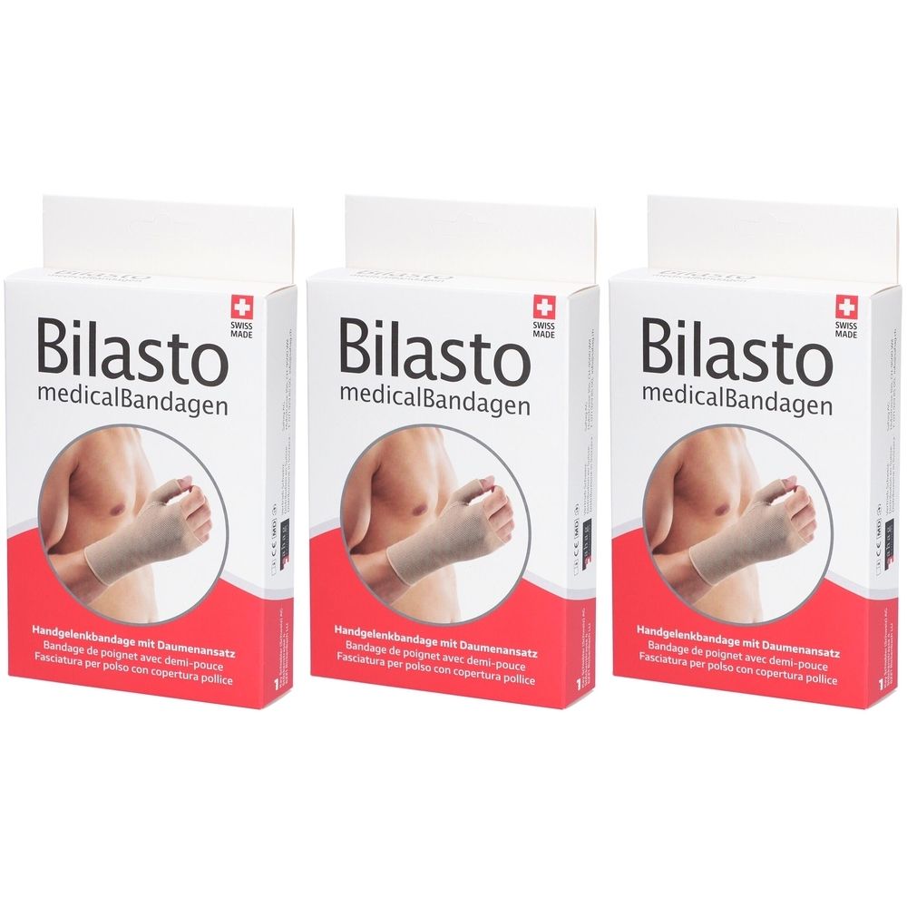 Drei Verpackungen von Handgelenkbandagen. Auf jeder Verpackung ist das Logo von Bilasto und ein Bild einer Handgelenkbandage abgebildet.
