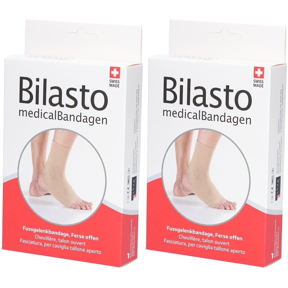 Zwei Packungen Bilasto medicalBandagen. Weiße Kartons mit rotem Boden. Schweizer Kreuz. Produktabbildung: Fuß mit Bandage.