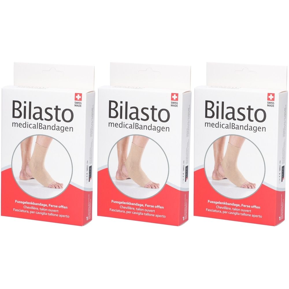 Drei Packungen BILASTO medicalBandagen. Weiße Verpackung mit roter Basis. Schweizer Kreuz. Abbildung eines Fußes mit Bandage.