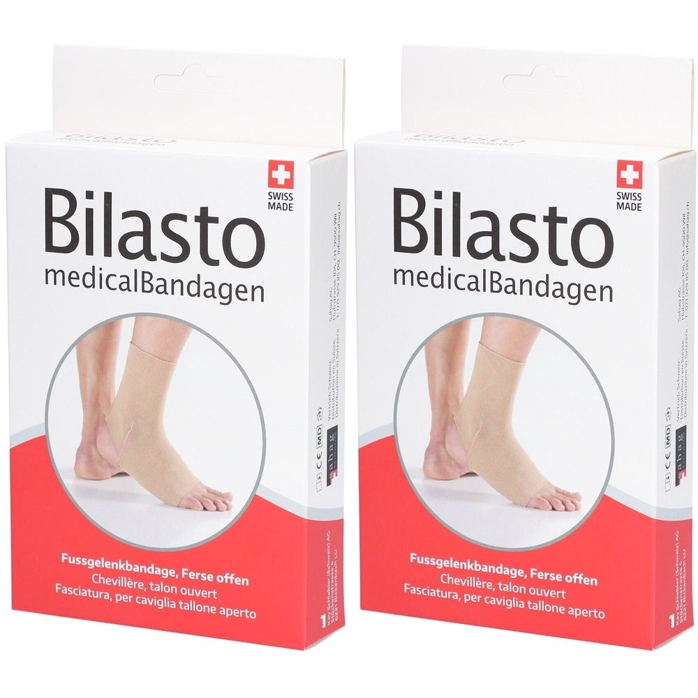 Zwei Kartons mit Knöchelbandagen. Aufschrift: Bilasto medicalBandagen. Schweizer Kreuz. Produktabbildung: Fuß mit Bandage.