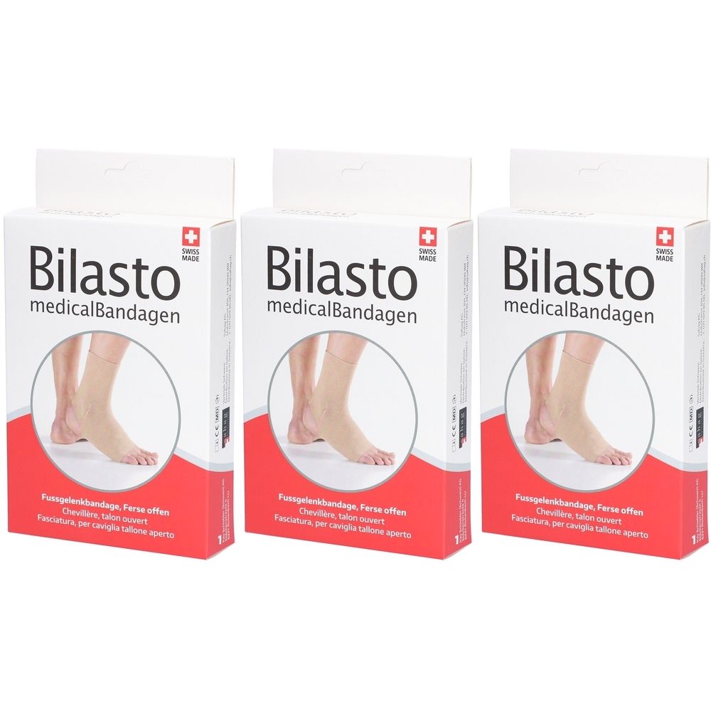 Drei Verpackungen von Bilasto medicalBandagen. Auf jeder Packung ist ein Fuß abgebildet. Schweizer Kreuz oben rechts.