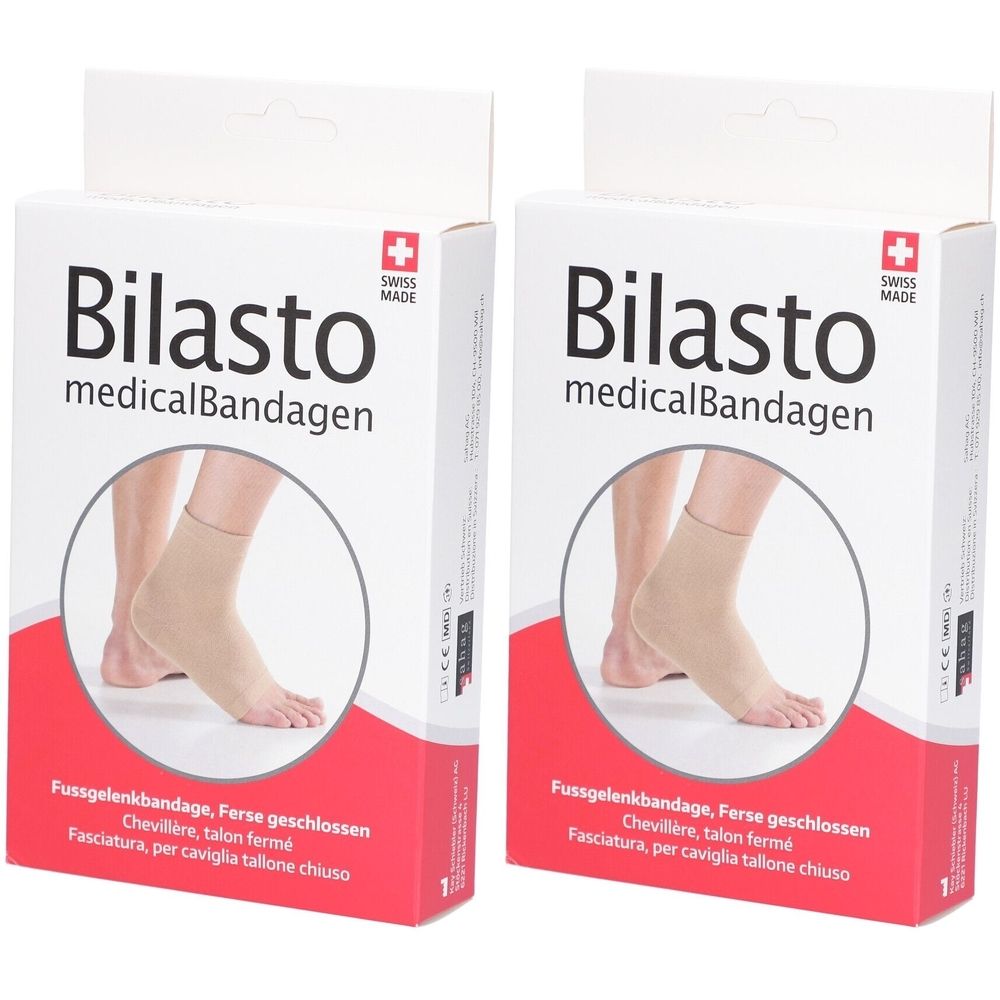 Deux boîtes de BILASTO medicalBandagen. Inscription : Chevillère, talon fermé. Croix suisse. Bandage de cheville beige sur l'image.