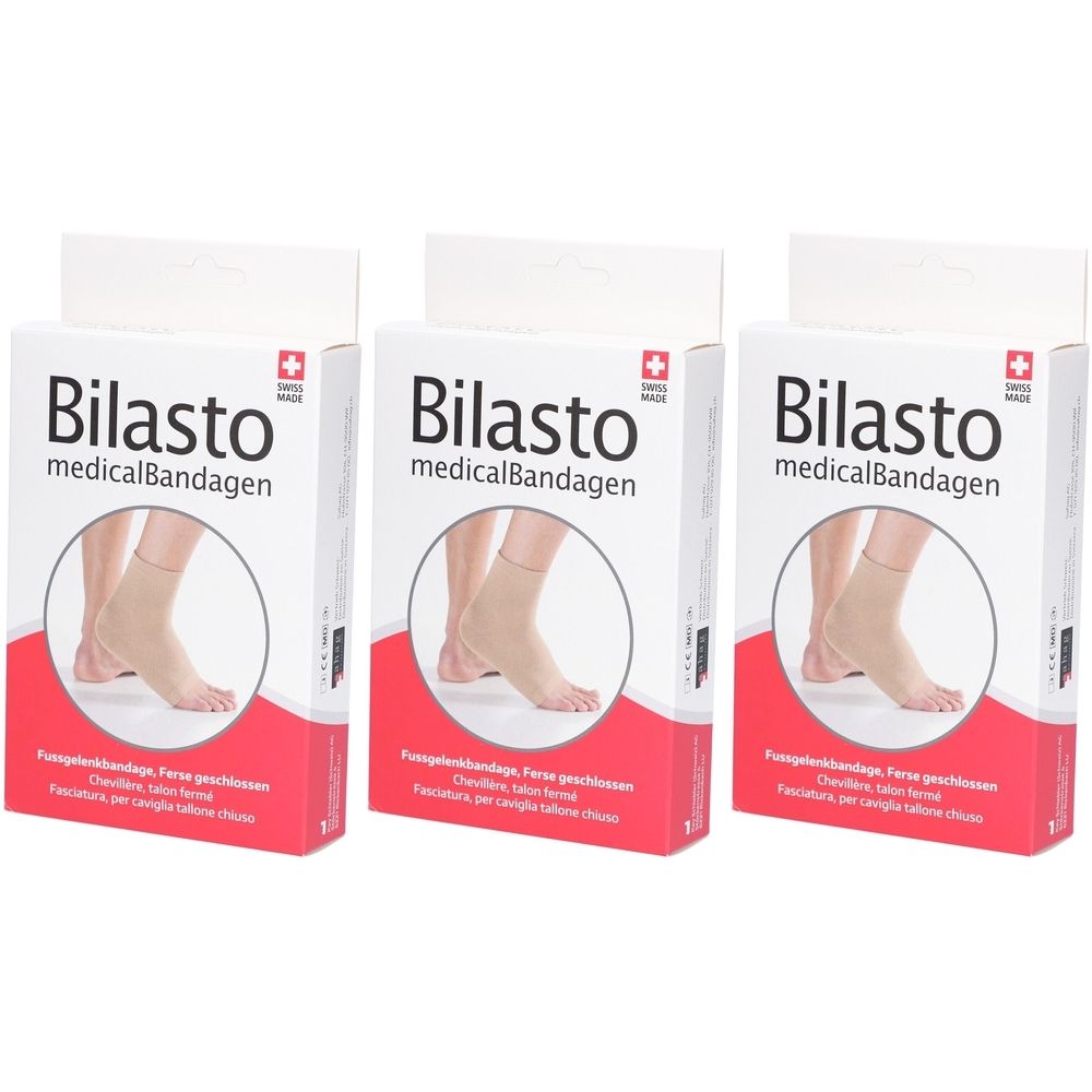 Trois boîtes de BILASTO medicalBandagen. Chaque boîte montre une chevillère. Swiss Made.