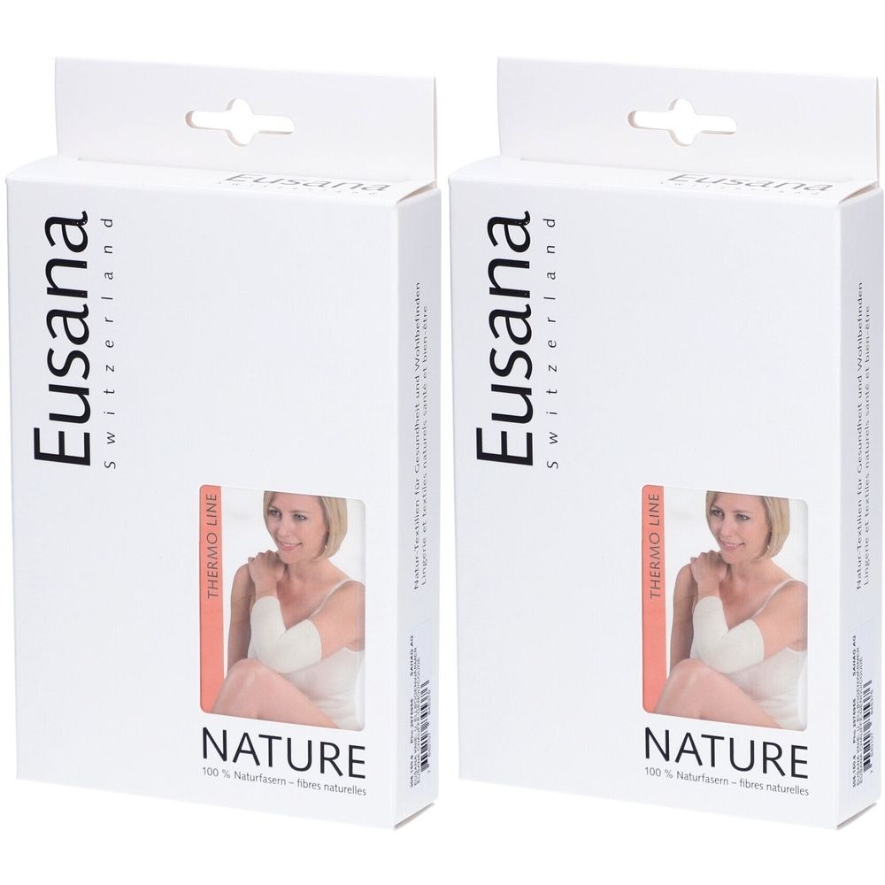 Deux boîtes blanches avec image produit. Inscription: Eusana Switzerland, Thermo Line, Nature. Coude chauffant ivoire.