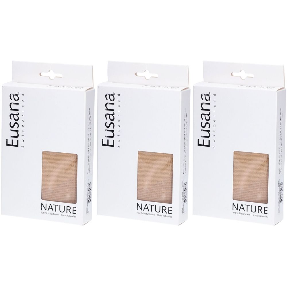 Drei weiße Produktverpackungen mit Sichtfenster. Aufdruck: Eusana Switzerland, NATURE. Produkt in Beige sichtbar.