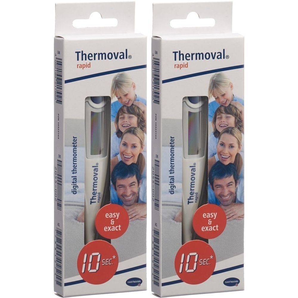 Deux boîtes de Thermoval rapid. Chaque boîte contient un thermomètre numérique. L'emballage présente une famille et des informations sur le produit.