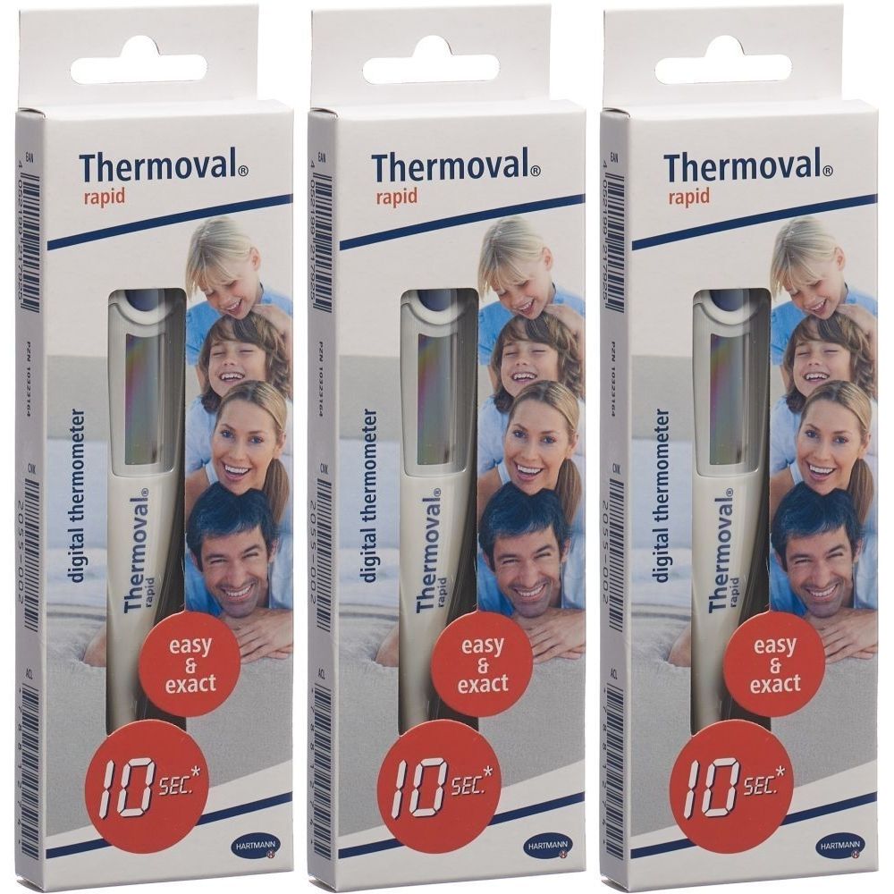 Trois boîtes de thermomètre numérique Thermoval rapid. Emballage blanc avec image du produit et photo de famille. Affichage : 10 secondes.