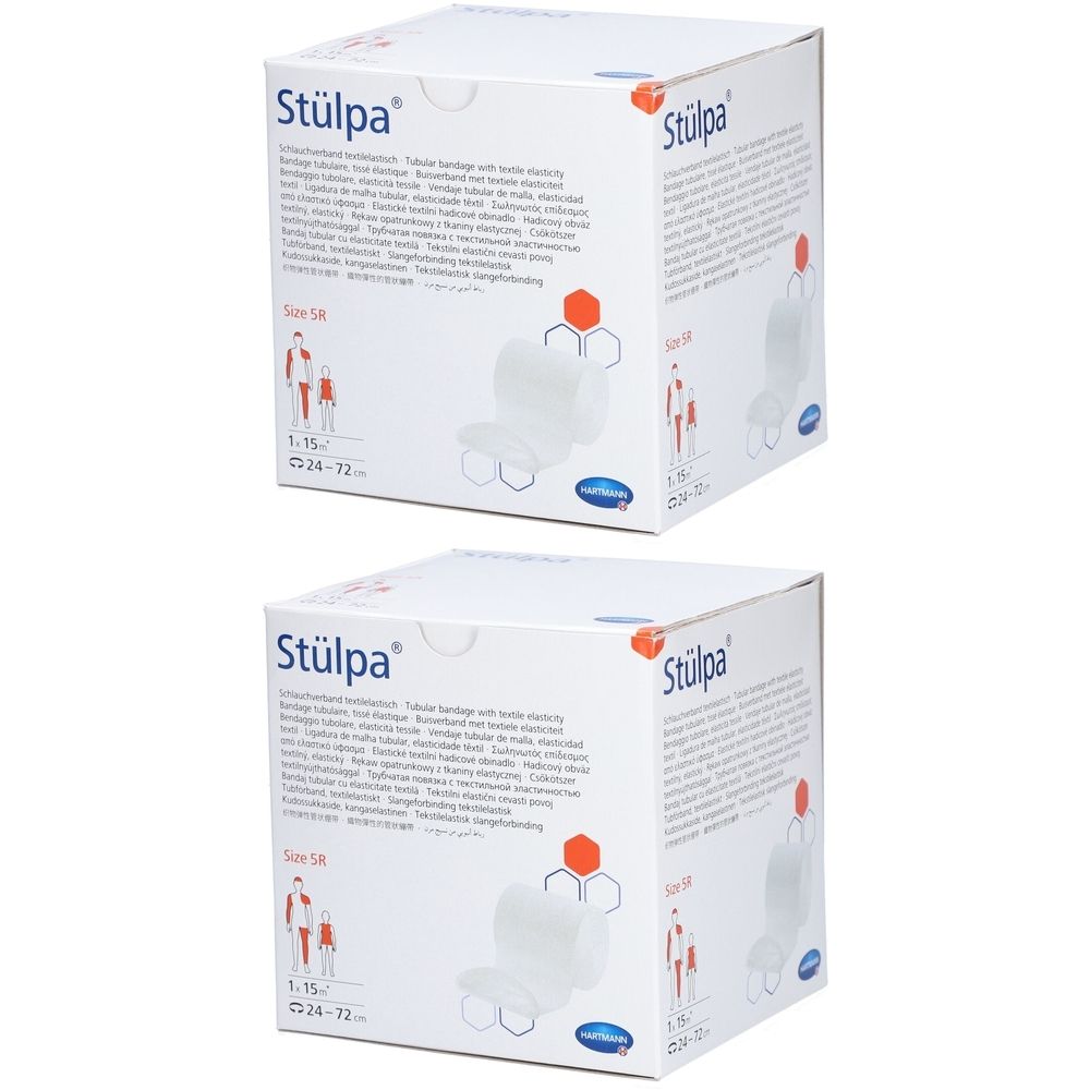Deux boîtes de bandage blanc. Inscription Stülpa. Taille 5. Illustrations de personnes. Logo du fabricant.