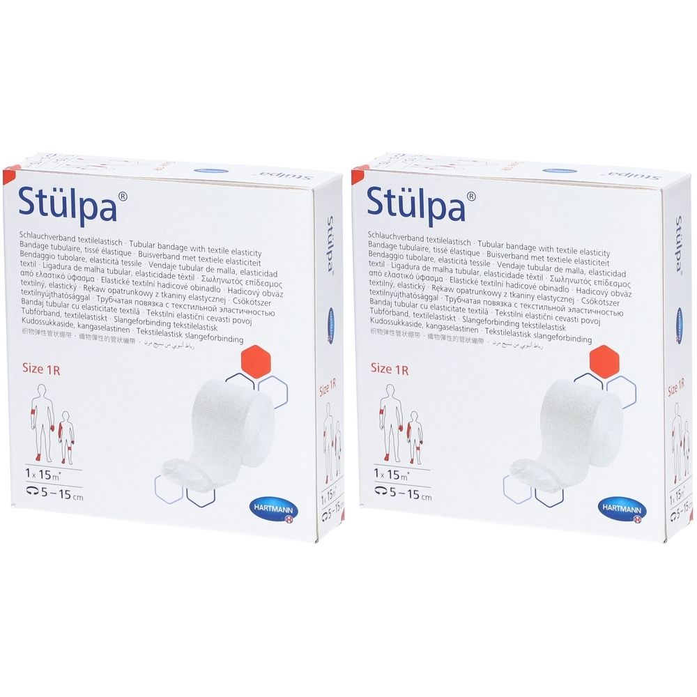 Zwei weiße Kartons mit der Aufschrift "Stülpa". Auf den Kartons sind Bandagen abgebildet. Unten steht "Size 1R" und "1,15".