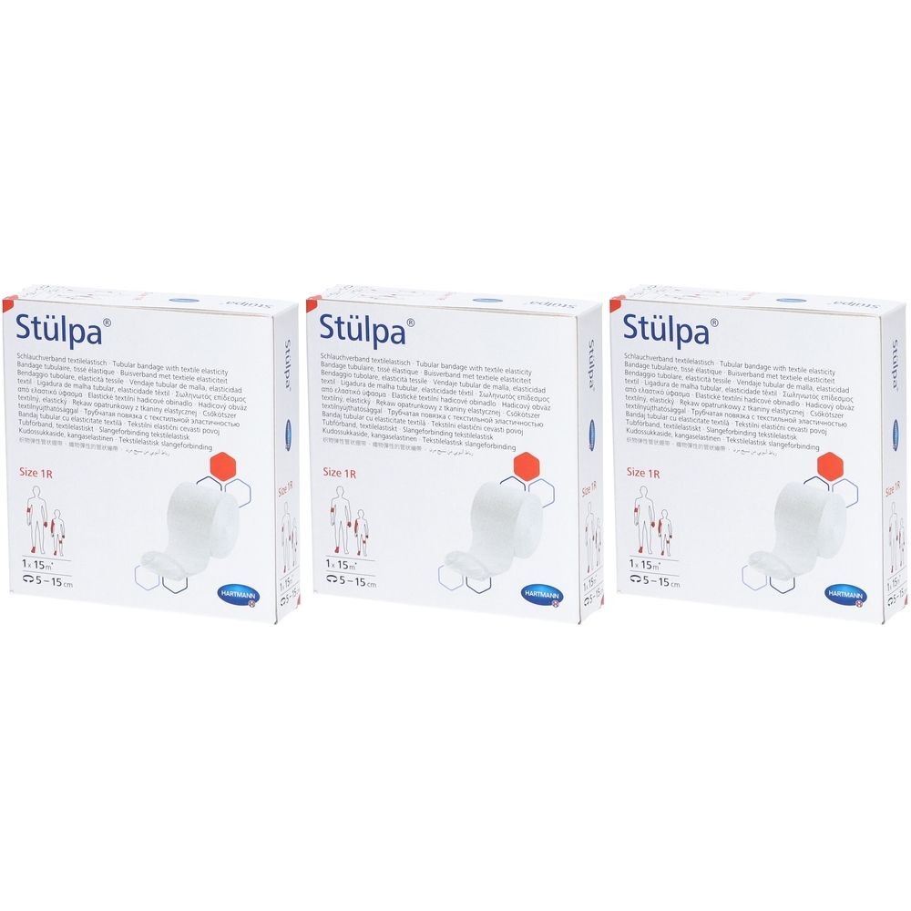 Drei Kartons mit weißer Stülpa-Verbandsrolle. Aufdruck: Stülpa, Größe 1, Illustrationen. Blaue und rote Akzente.