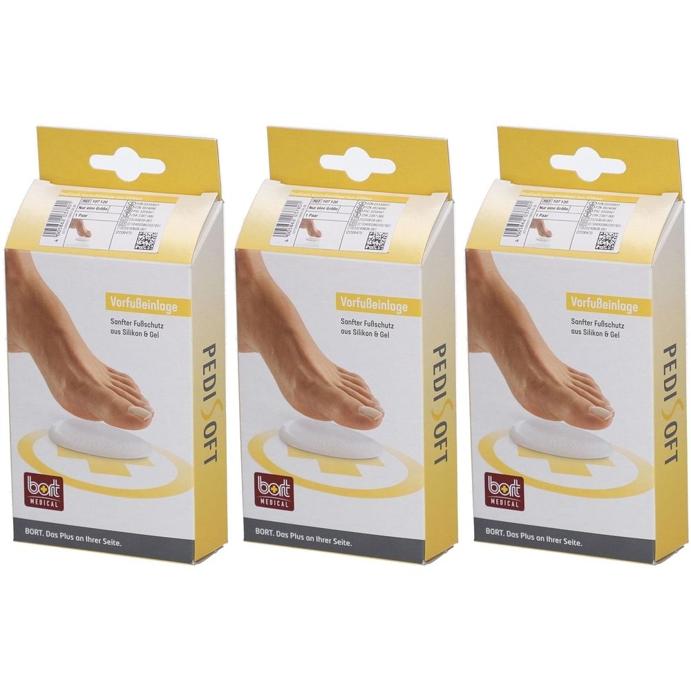 Drei Verpackungen von PediSoft Vorfußeinlage. Gelbe und weiße Kartons mit Produktabbildung und Schriftzug. Marke: bort medical.