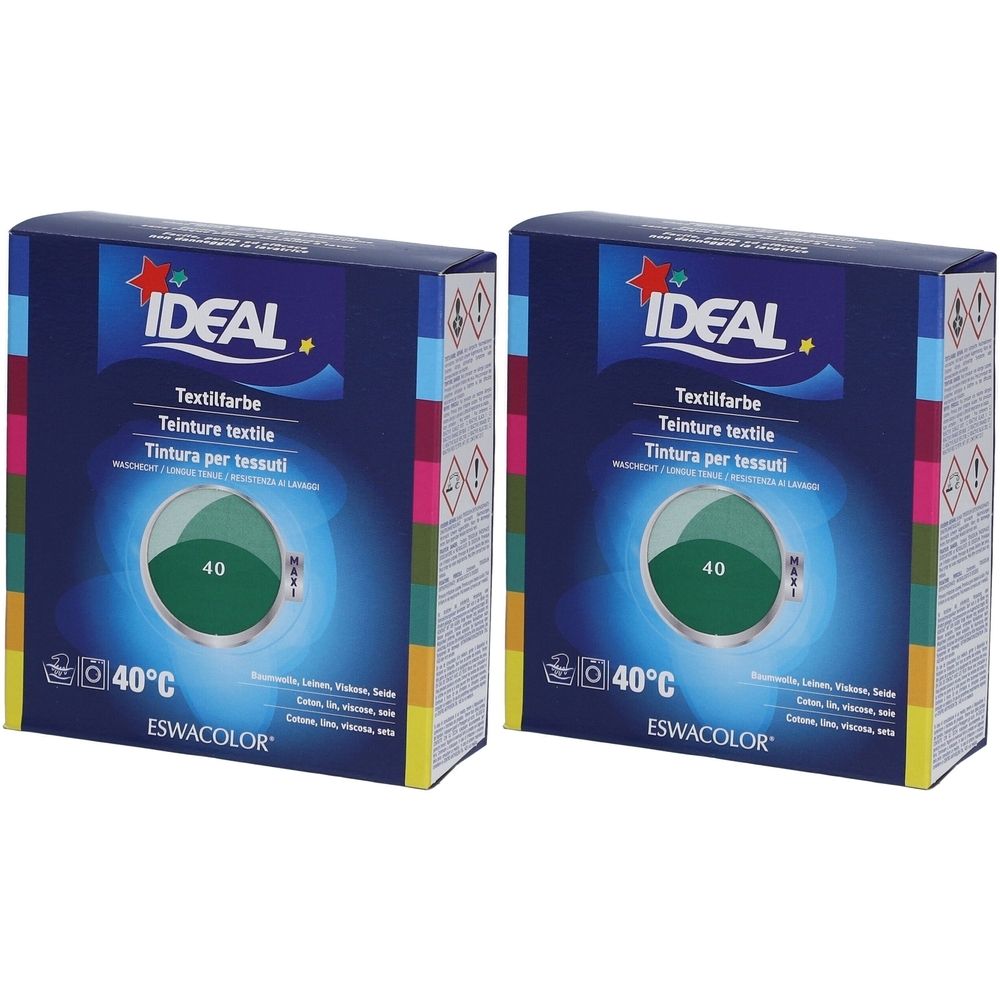 Zwei Schachteln Textilfarbe. Aufschrift IDEAL, Textilfarbe, Teinture textile, Tintura per tessuti. Farbe 40 Mittelgrün. Temperatur 40°C.
