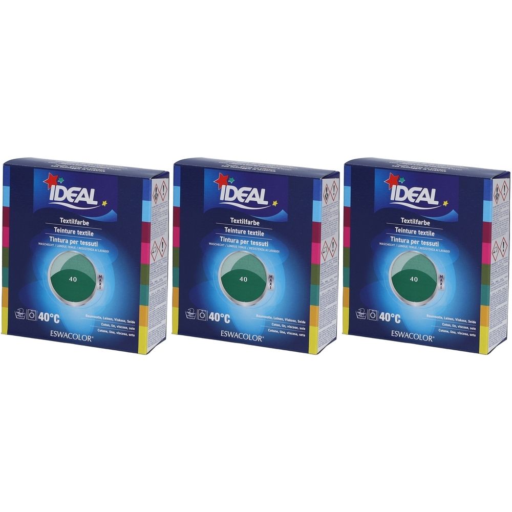 Drei Schachteln Textilfarbe. Blaue Verpackung mit Logo und Produktbezeichnung. Grün dargestellt. Temperaturangabe 40°C.