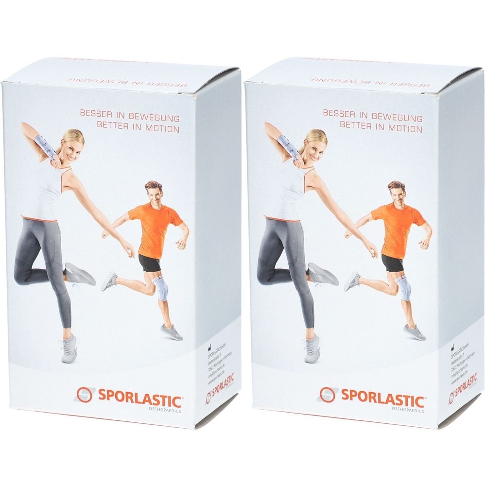 Zwei weiße Produktverpackungen mit Abbildungen von Personen in Bewegung. Der Schriftzug "BESSER IN BEWEGUNG" ist sichtbar. Das Logo von SPORLASTIC ist unten.