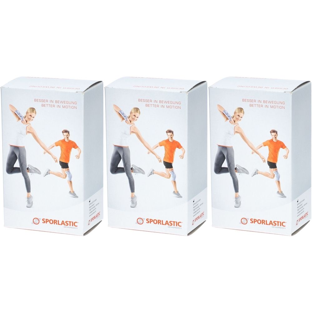 Drei weiße Produktverpackungen mit Abbildung von Personen in Bewegung. Aufdruck: SPORLASTIC und Slogan.