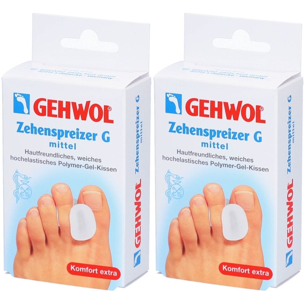 Zwei Schachteln mit Zehenspreizern. Aufdruck: GEHWOL Zehenspreizer G mittel. Weiches Polymer-Gel-Kissen. Füße mit Spreizern.