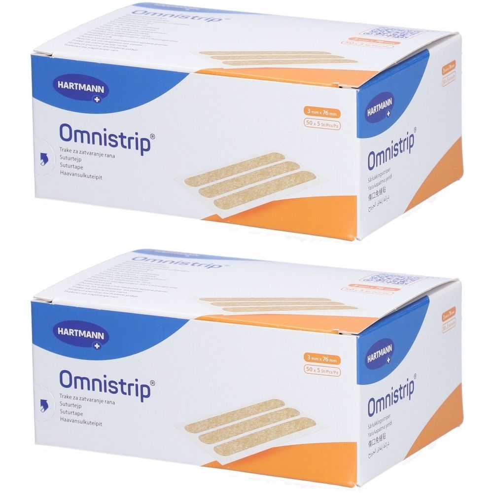 Zwei Kartons Omnistrip. Aufdruck: HARTMANN, Omnistrip, 3 x 76 mm. Gezeigt sind Hautnahtmaterial-Streifen.