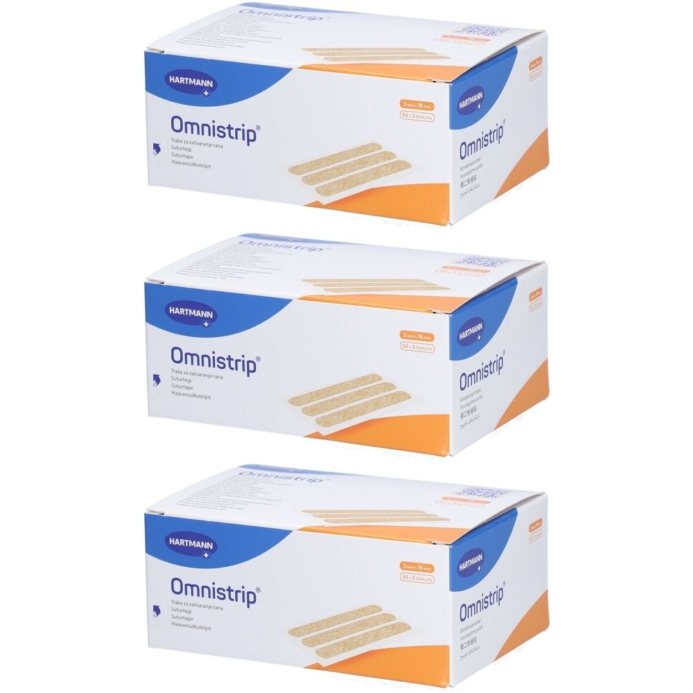 Drei Kartons Omnistrip Hautnahtmaterial. Auf jedem Karton ist der Markenname HARTMANN und Produktname Omnistrip zu sehen.