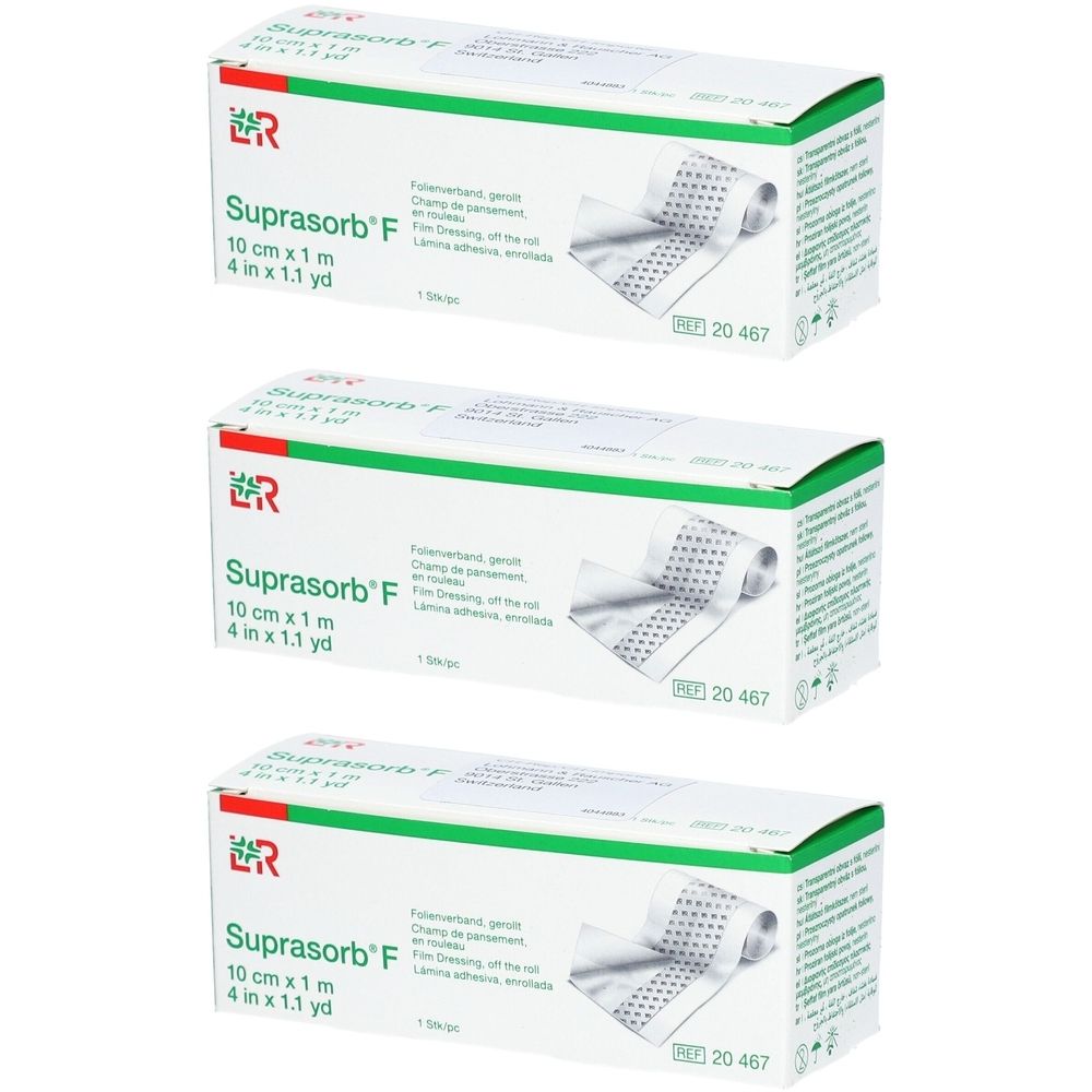 Drei Schachteln Suprasorb F. Auf jeder Schachtel steht: 10 cm x 1 m, 4 in x 1.1 yd. Grün-weiße Verpackung mit Logo.