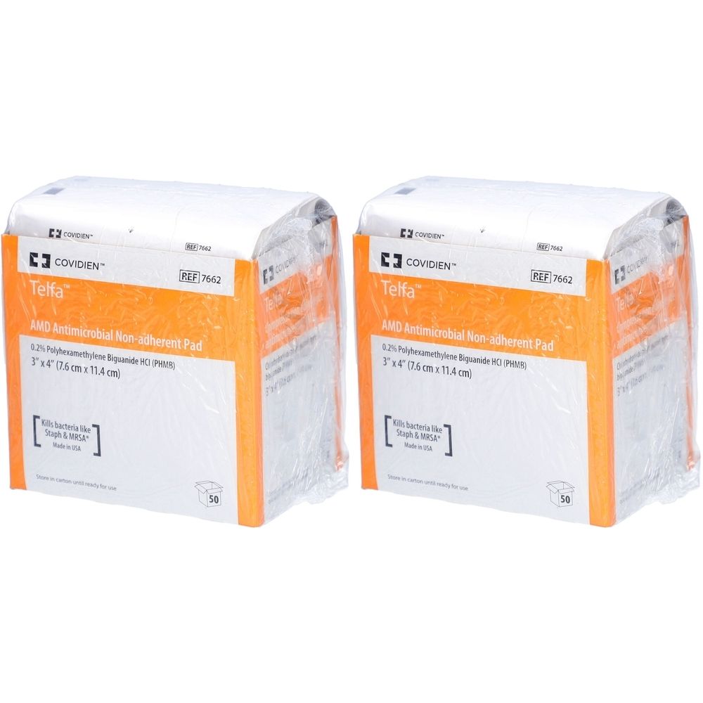 Zwei Packungen Telfa Wundverband. Verpackung mit orangefarbenen und weißen Elementen. Aufdruck: Antimikrobiell, 7.6 x 11.4 cm.