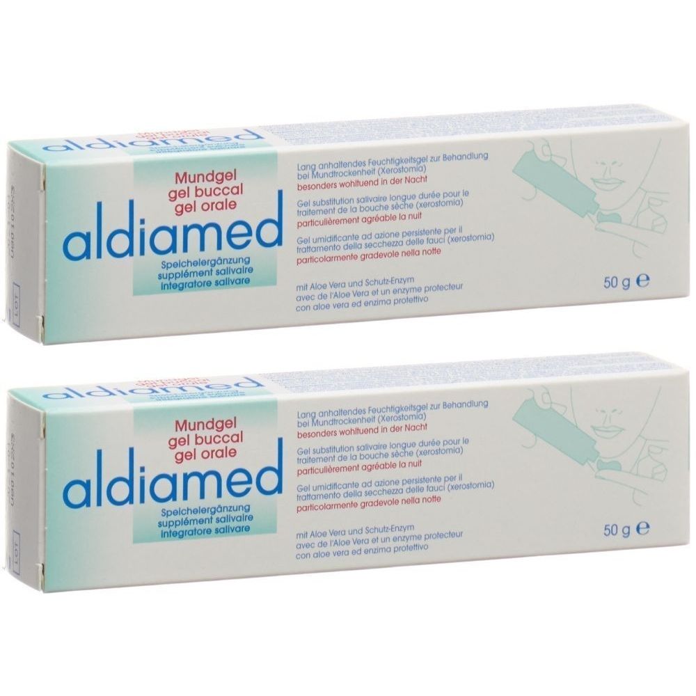 Deux boîtes de gel buccal aldiamed. Inscription : Mundgel, gel buccal, gel orale. 50 g. Avec Aloe Vera et enzyme protecteur.
