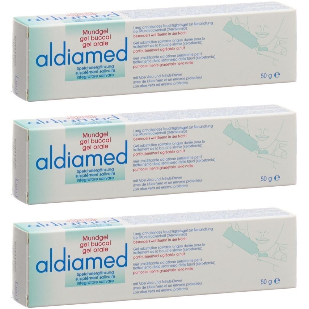 Trois boîtes de aldiamed Mundgel. Inscription : Mundgel, gel buccal, gel orale. Emballage avec informations et 50 g.