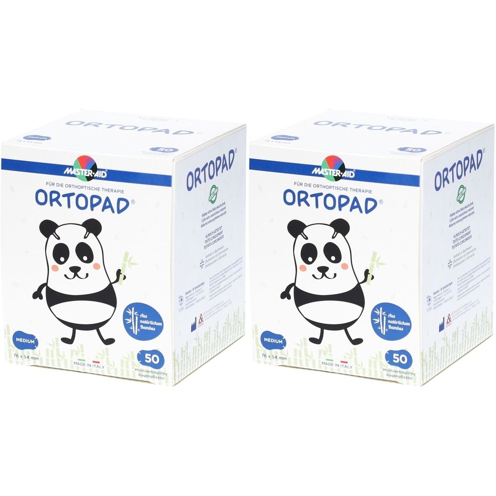 Zwei weiße Kartons mit „ORTOPAD“-Aufdruck und Panda-Illustration. Aufschrift: „50“. Blaue und grüne Akzente.
